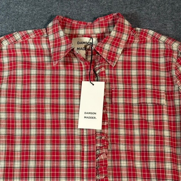 Damson Madder Kylie Ruffle Shirt Red Plaid Button Up Womens Size 12 US 8 NWT - Picture 3 of 12